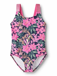 Name It badedragt til pige i Navy Blazer med blomsterprint set forfra